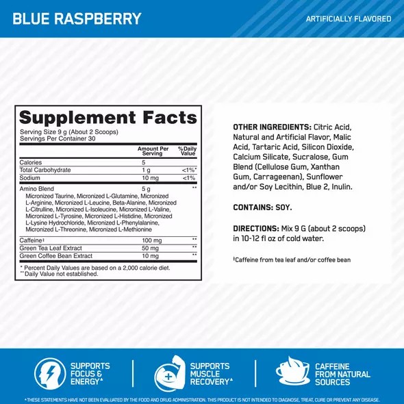 Optimum Nutrition ESSENTIAL AMIN.O. ENERGY® Blue Raspberry 1.29 lb (65 Servings) Schweiz | 2685LEFXV