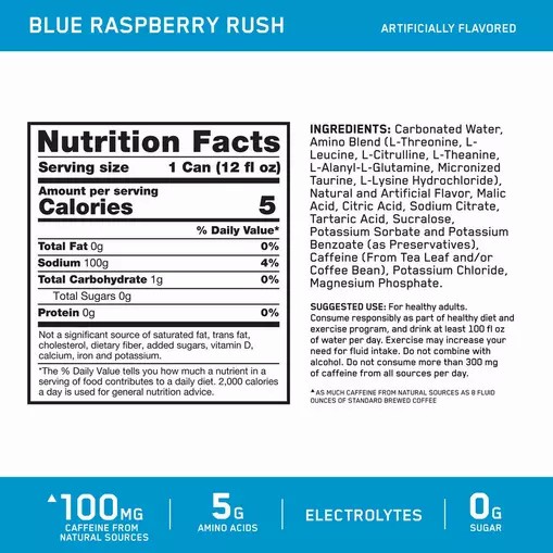 Optimum Nutrition ESSENTIAL AMIN.O. ENERGY+ Electrolytes Sparkling *new* Blue Raspberry Rush 355ml * 12 Cans (12 Servings) Schweiz | 3246TODLR