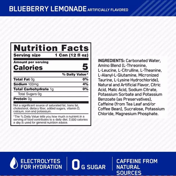 Optimum Nutrition ESSENTIAL AMIN.O. ENERGY+ Electrolytes Sparkling Blueberry Lemonade 355ml * 12 Cans (12 Servings) Schweiz | 1856LTDHY