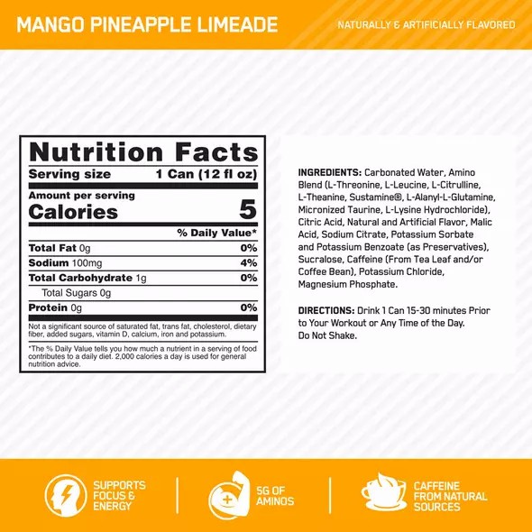 Optimum Nutrition ESSENTIAL AMIN.O. ENERGY+ Electrolytes Sparkling Mango Pineapple Lime 355ml * 12 Cans (12 Servings) Schweiz | 8053TYSBA