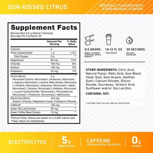 Optimum Nutrition Essential AMIN.O. ENERGY + Electrolytes *new* Sun-kissed Citrus 0.63 lb (30 Servings) Schweiz | 3582UMCHF