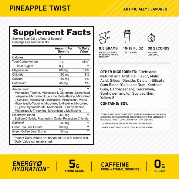 Optimum Nutrition Essential AMIN.O. ENERGY + Electrolytes Pineapple Twist 0.63 lb (30 Servings) Schweiz | 7612KOMJC