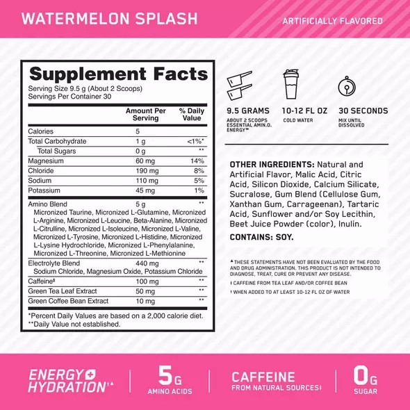 Optimum Nutrition Essential AMIN.O. ENERGY + Electrolytes Watermelon Splash 0.63 lb (30 Servings) Schweiz | 1503SIWPQ