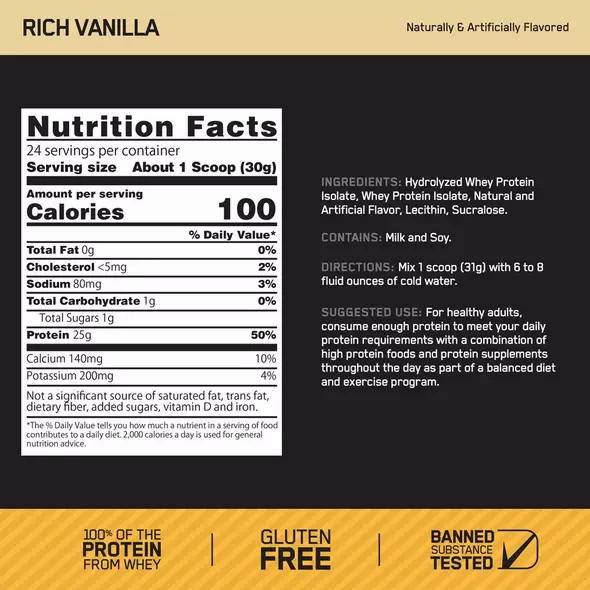 Optimum Nutrition GOLD STANDARD® 100% Isolate Rich Vanilla 2.91 lb (44 Servings) Schweiz | 4130RSOJT