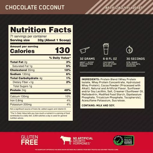 Optimum Nutrition GOLD STANDARD 100% WHEY™ Chocolate Coconut 5 lb (71 Servings) Schweiz | 0463JLZCG