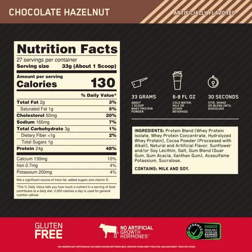 Optimum Nutrition GOLD STANDARD 100% WHEY™ Chocolate Hazelnut 2 lb (27 Servings) Schweiz | 9731UYZJT