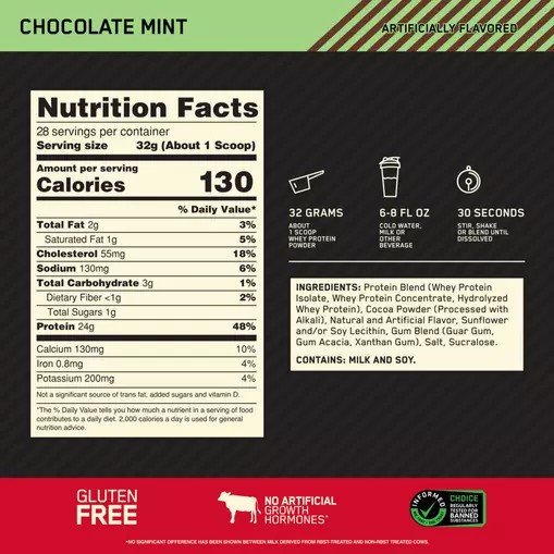 Optimum Nutrition GOLD STANDARD 100% WHEY™ Chocolate Mint 2 lb (28 Servings) Schweiz | 7325VMTOR