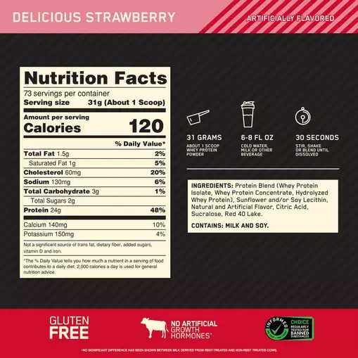 Optimum Nutrition GOLD STANDARD 100% WHEY™ Delicious Strawberry 5 lb (73 Servings) Schweiz | 0276LAVDI