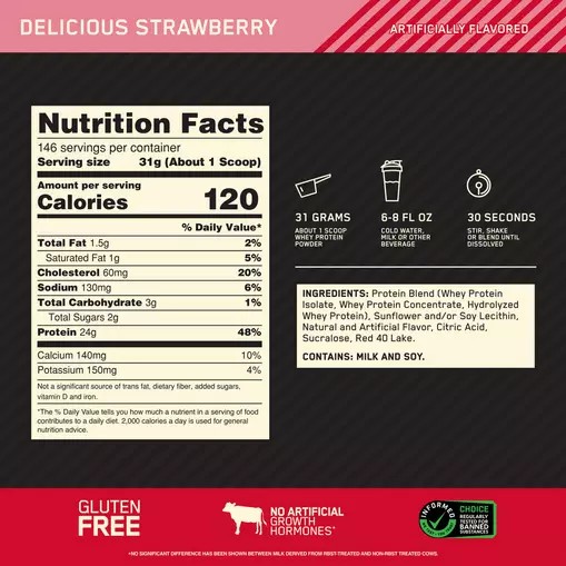 Optimum Nutrition GOLD STANDARD 100% WHEY™ Delicious Strawberry 10 lb (146 Servings) Schweiz | 4712VNGXH