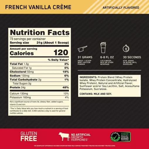 Optimum Nutrition GOLD STANDARD 100% WHEY™ French Vanilla Creme 5 lb (73 Servings) Schweiz | 1694SRQMW