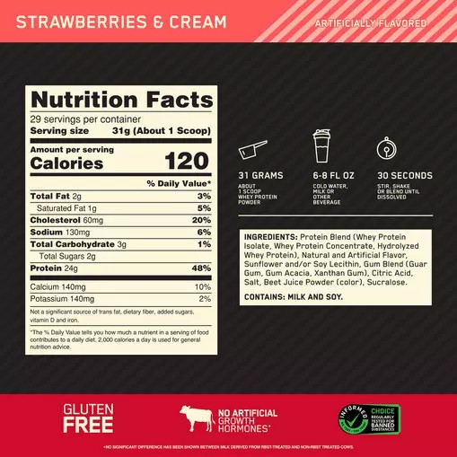 Optimum Nutrition GOLD STANDARD 100% WHEY™ Strawberries & Cream 2 lb (29 Servings) Schweiz | 3965UKAET