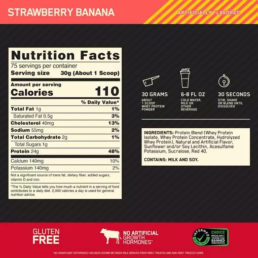 Optimum Nutrition GOLD STANDARD 100% WHEY™ Strawberry Banana 5 lb (75 Servings) Schweiz | 5136ACESO