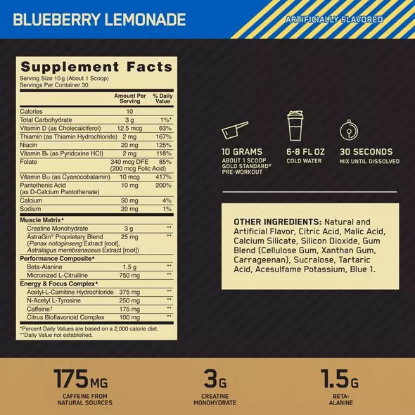 Optimum Nutrition GOLD STANDARD® Pre-Workout Blueberry Lemonade 0.66 lb (30 Servings) Schweiz | 6934QWYNB