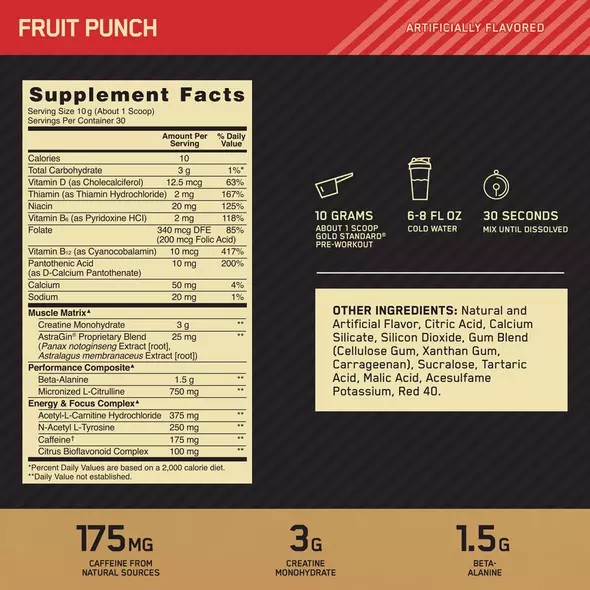 Optimum Nutrition GOLD STANDARD® Pre-Workout Fruit Punch 0.66 lb (30 Servings) Schweiz | 6714BRVOA