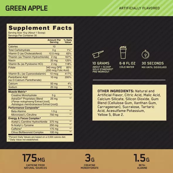 Optimum Nutrition GOLD STANDARD® Pre-Workout Green Apple 0.66 lb (30 Servings) Schweiz | 2389CRLWX