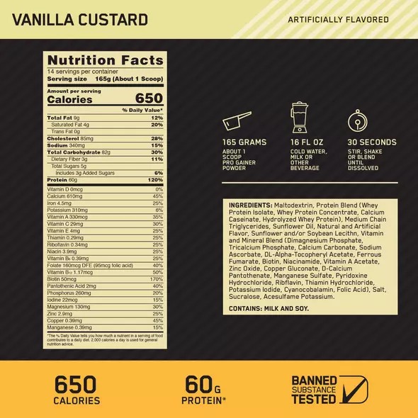 Optimum Nutrition GOLD STANDARD® Pro Gainer Vanilla Custard 5.09 lb (14 Servings) Schweiz | 7948BTFJM