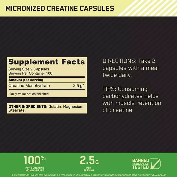 Optimum Nutrition Micronized Creatine Capsules 200 Capsules (100 Servings) Schweiz | 1728XLWOE