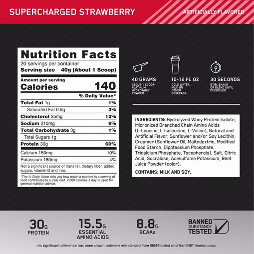 Optimum Nutrition PLATINUM HYDROWHEY™ Supercharged Strawberry 1.76 lb (20 Servings) Schweiz | 9083UYMVE