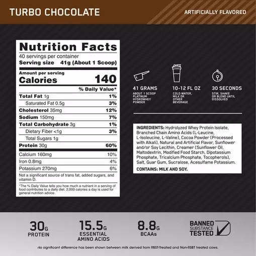 Optimum Nutrition PLATINUM HYDROWHEY™ Turbo Chocolate 3.61 lb (40 Servings) Schweiz | 9215SFOUQ