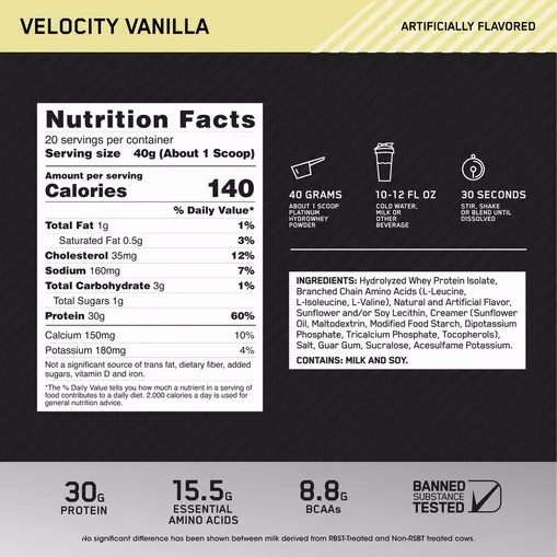 Optimum Nutrition PLATINUM HYDROWHEY™ Velocity Vanilla 1.76 lb (20 Servings) Schweiz | 0763RCIAJ