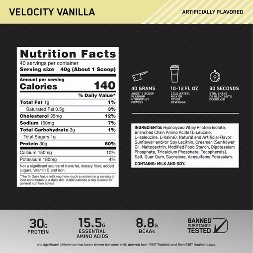 Optimum Nutrition PLATINUM HYDROWHEY™ Velocity Vanilla 3.52 lb (40 Servings) Schweiz | 1506GXOLZ