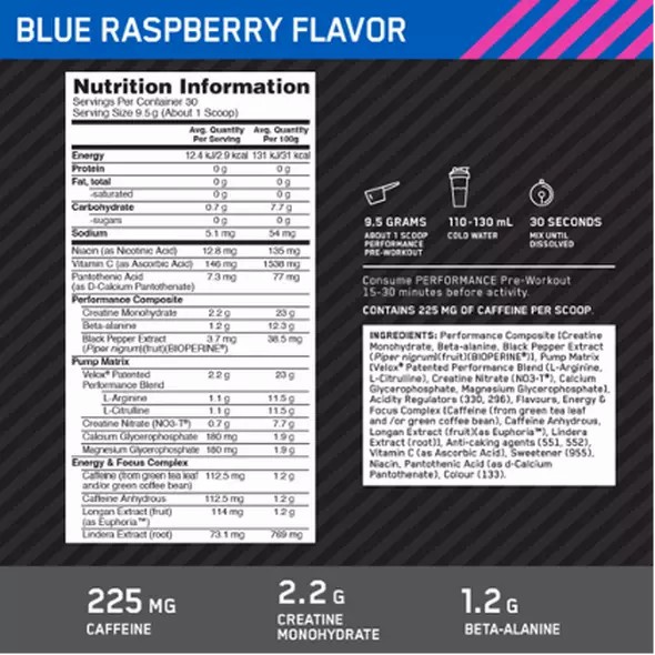 Optimum Nutrition Performance Pre-Workout Blue Raspberry 285g Schweiz | 2140SXLIG