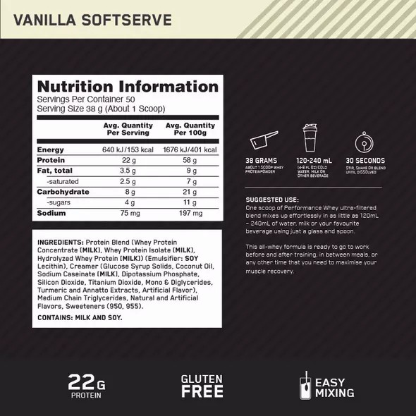 Optimum Nutrition Performance Whey Vanilla 1.95kg Schweiz | 8741JWTGC