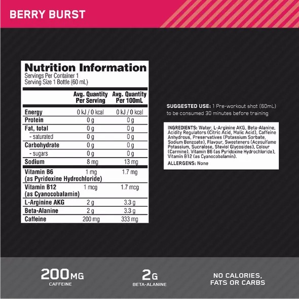 Optimum Nutrition Pure Pre 200 Pre-Workout Shot Berry 60ml (12 shots) Schweiz | 9426UNFCH