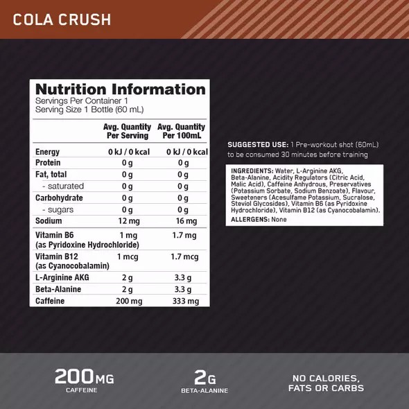 Optimum Nutrition Pure Pre 200 Pre-Workout Shot Cola 60ml (12 shots) Schweiz | 9301TEYJQ