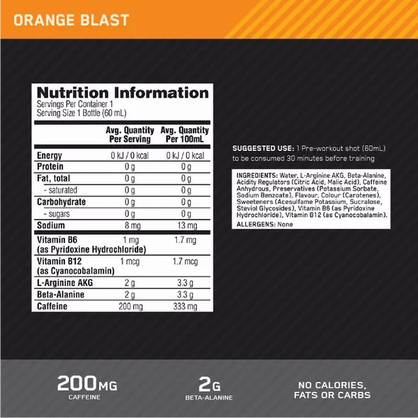 Optimum Nutrition Pure Pre 200 Pre-Workout Shot Orange 60ml (12 shots) Schweiz | 0214IGOEJ