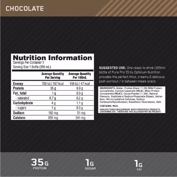 Optimum Nutrition Pure Pro 35 Chocolate 355ml (6 bottles) Schweiz | 2489GBZDP