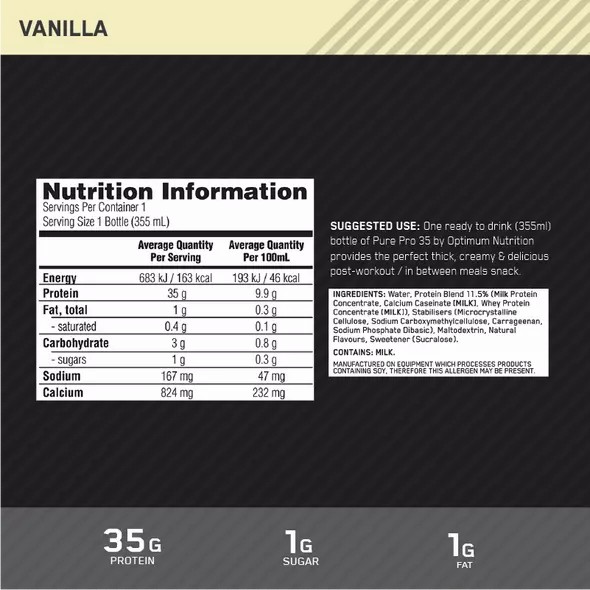 Optimum Nutrition Pure Pro 35 Vanilla 355ml (6 bottles) Schweiz | 4265WFLAJ