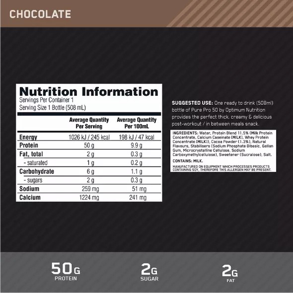 Optimum Nutrition Pure Pro 50 Chocolate 508ml (12 bottles) Schweiz | 3564NWOHQ