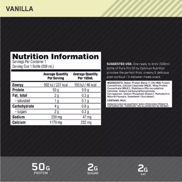 Optimum Nutrition Pure Pro 50 Vanilla 508ml (12 bottles) Schweiz | 0172AWJSZ